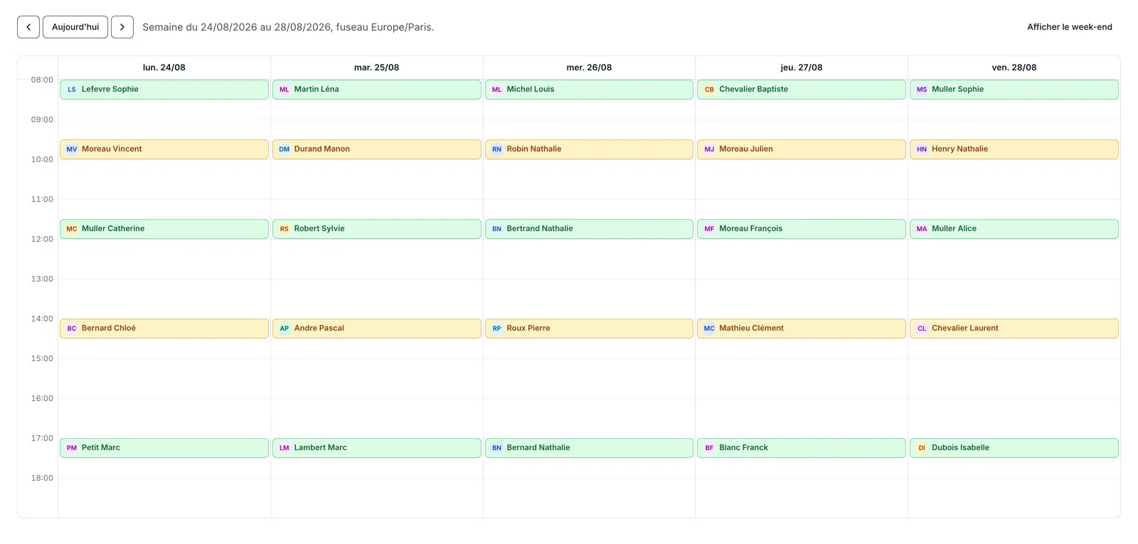 Agenda hebdomadaire : cinq colonnes de jours, rendez-vous répartis de huit à dix-huit heures.