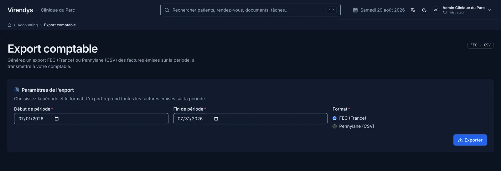 Écran d'export comptable : début et fin de période, choix entre le format FEC et le format Pennylane.