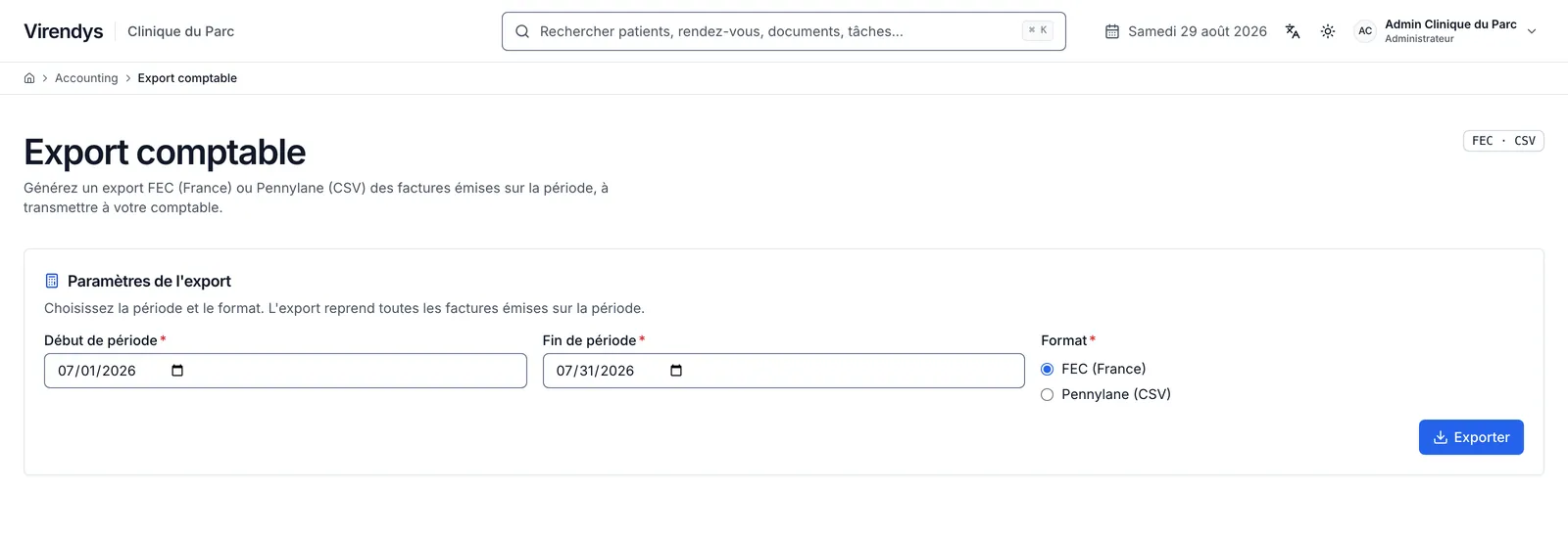 Écran d'export comptable : début et fin de période, choix entre le format FEC et le format Pennylane.